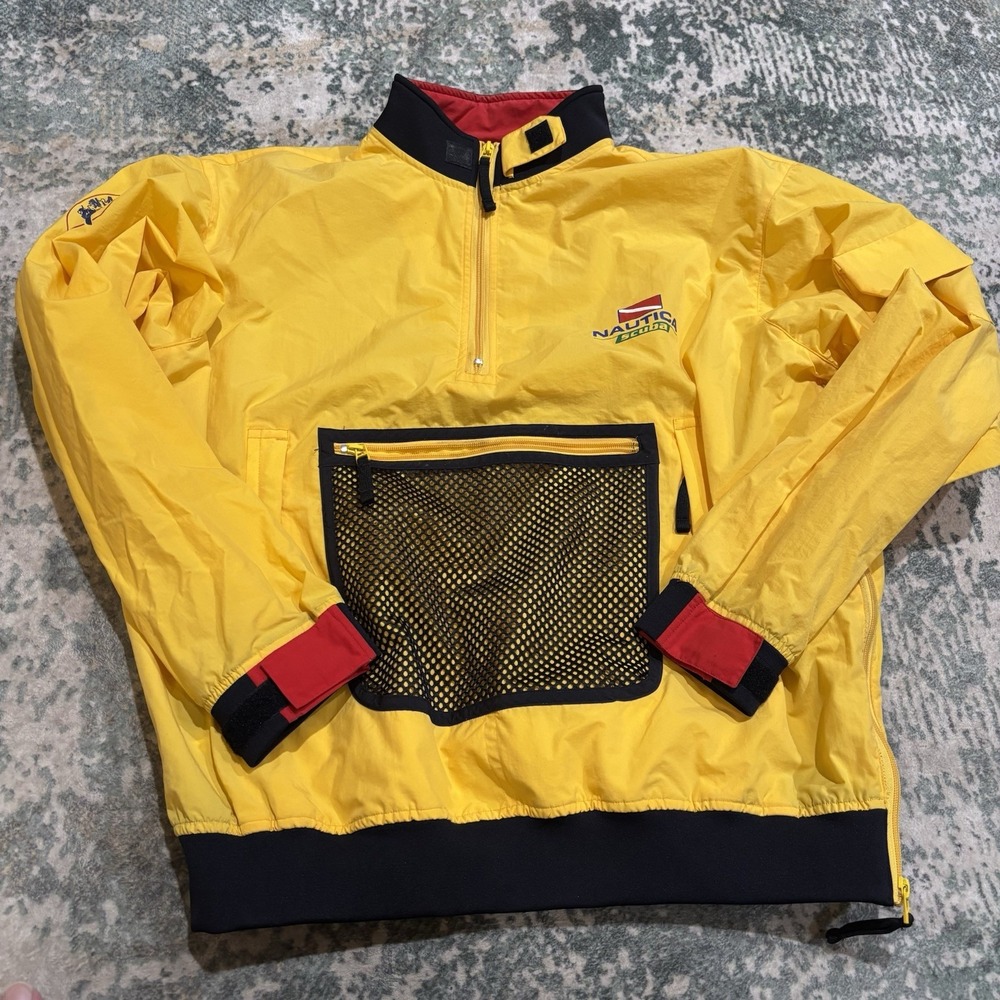 Vintage 90s Nautica Scuba Mesh Pocket Pullover Jacket Windbreaker Yellow Mens XL
